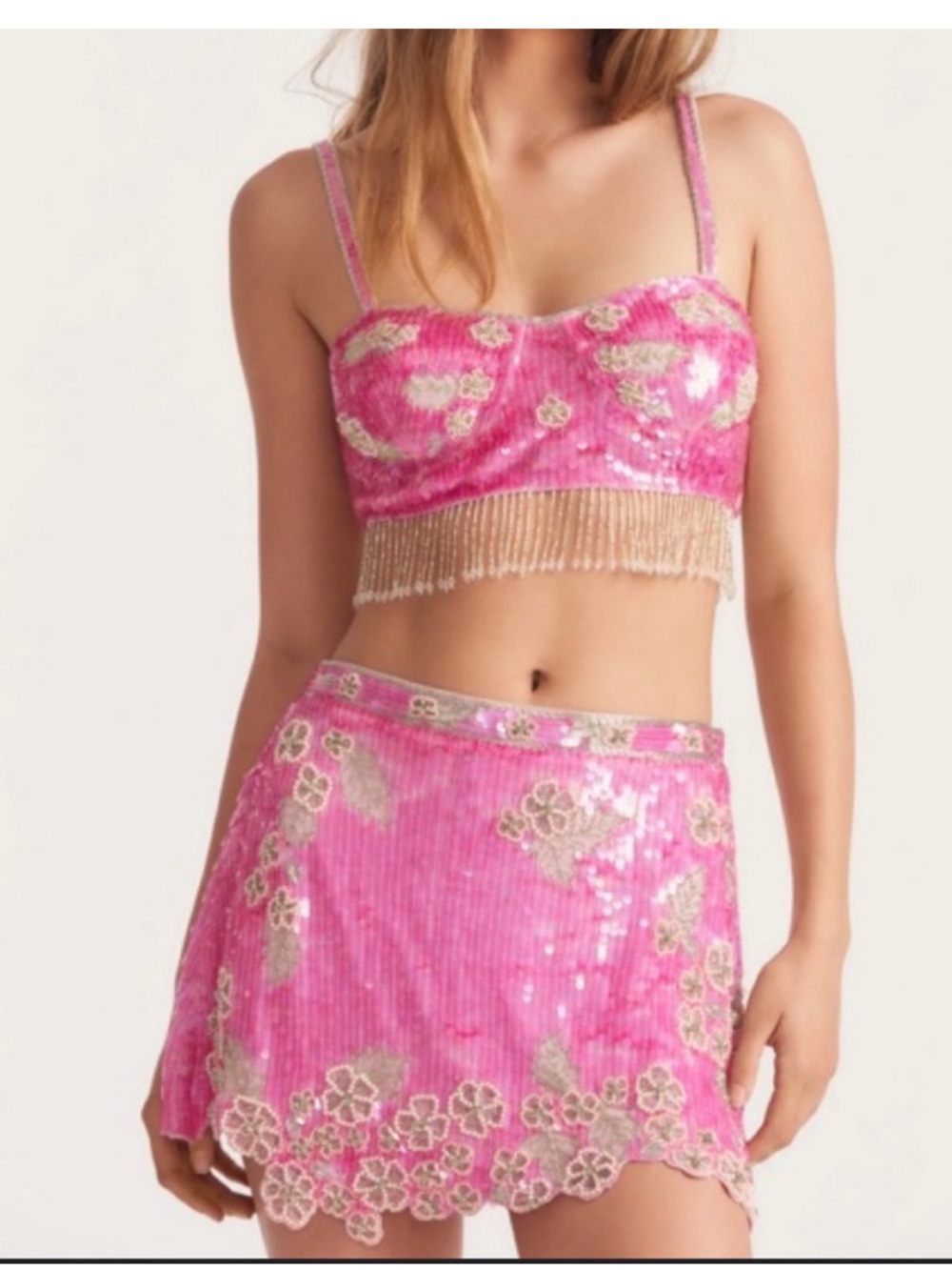 LoveShackFancy maeva Pink Sequin Fringe Crop Top Mini Skirt Set 4
